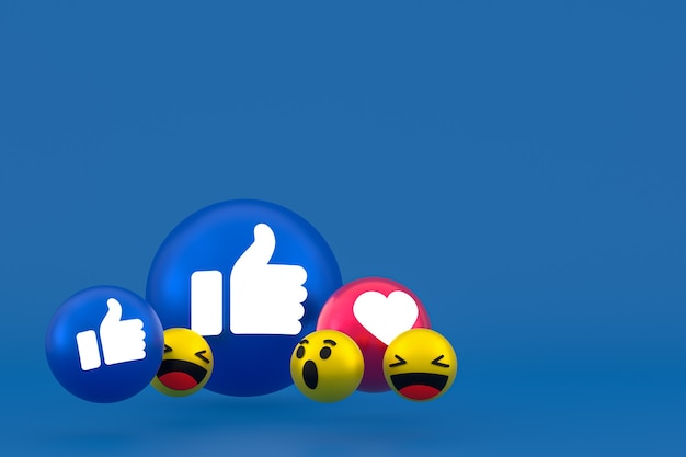 Rendering 3d di emoji di reazioni di Facebook, simbolo di palloncino di social media sul blu