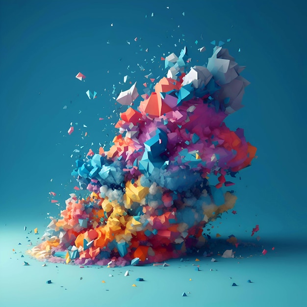 Rendering 3D di esplosione astratta multicolore su sfondo blu