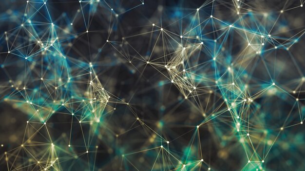 Rendering 3D di forme astratte di punti del plesso e raggi di luce con punti di luce