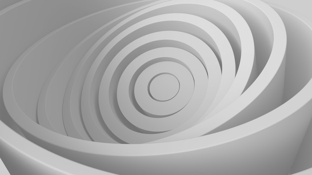 Rendering 3D di forme di cerchi concentrici caoticamente attorcigliati. Fondo luminoso astratto con la geometria dei tubi.