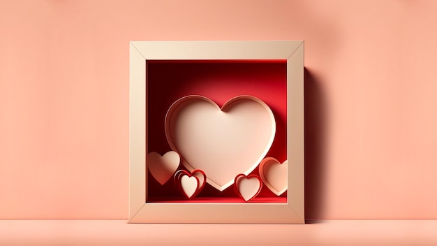 Rendering 3D di forme di cuore di carta all'interno della cornice quadrata per il concetto di amore