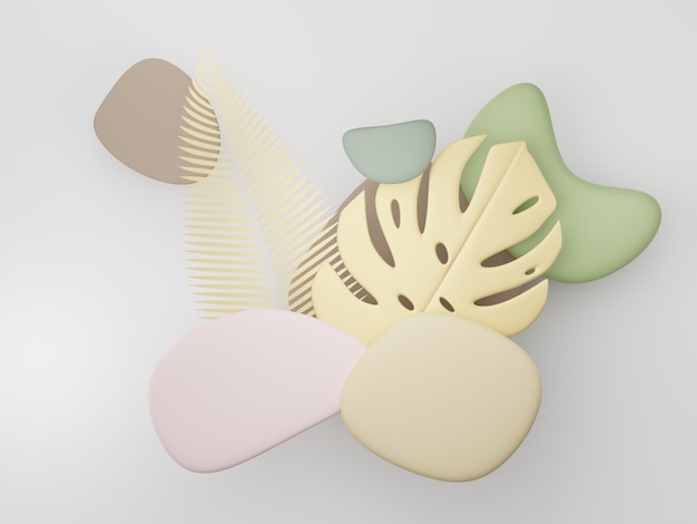 Rendering 3D di forme geometriche astratte premium e decorazioni di ghiaia di lusso pastello con foglie tropicali su sfondo bianco.