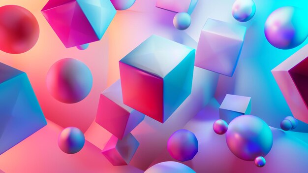 Rendering 3D di forme geometriche colorate Sfere e cubi rosa-blu e viola galleggiano su uno sfondo gradiente Composizione astratta