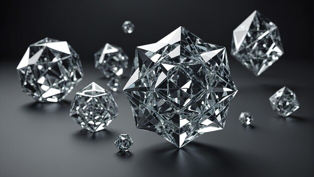 Rendering 3D di gemme bianche e grigie di stella di cristallo su uno sfondo nero