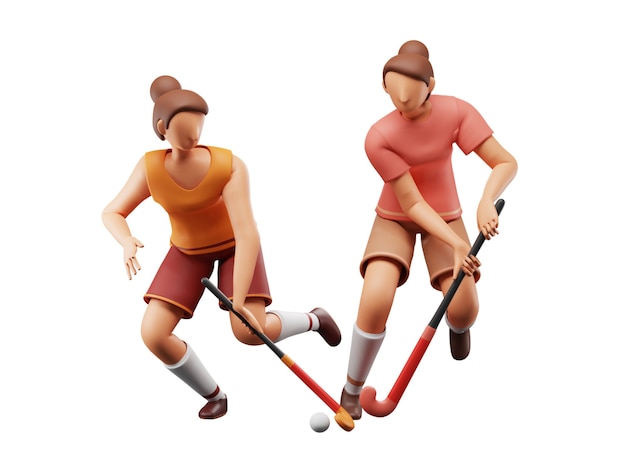 Rendering 3D di giocatrici di hockey che colpiscono la palla con il bastone su sfondo bianco.