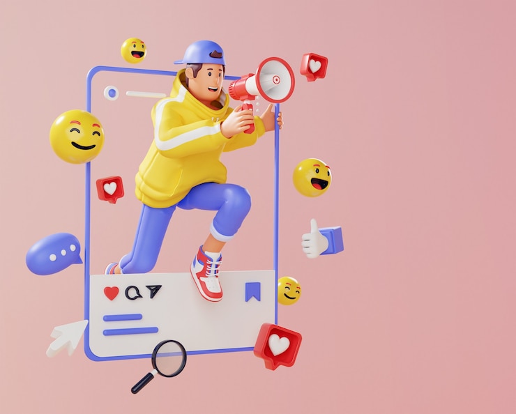 Foto rendering 3d di giovane uomo con megafono social media marketing