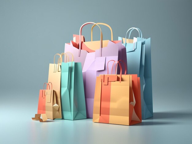 Rendering 3D di icone di borse di carta per il concetto di shopping online