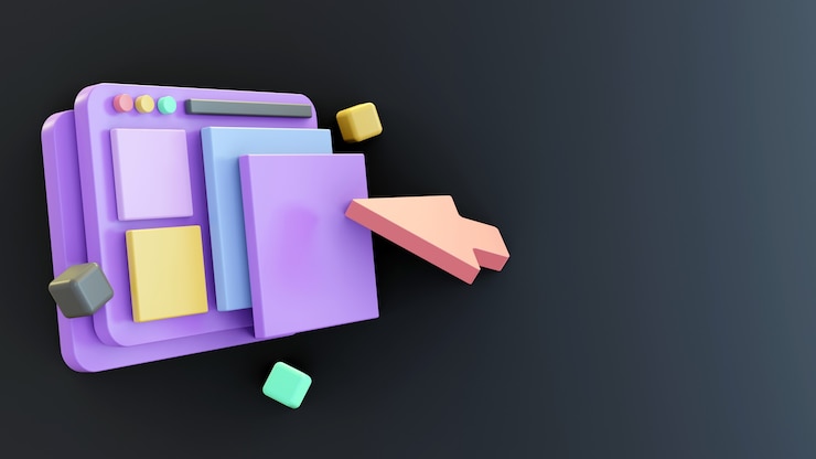 Foto rendering 3d di illustrazione dell'interfaccia utente o del sito web con cursore e sfondo nero