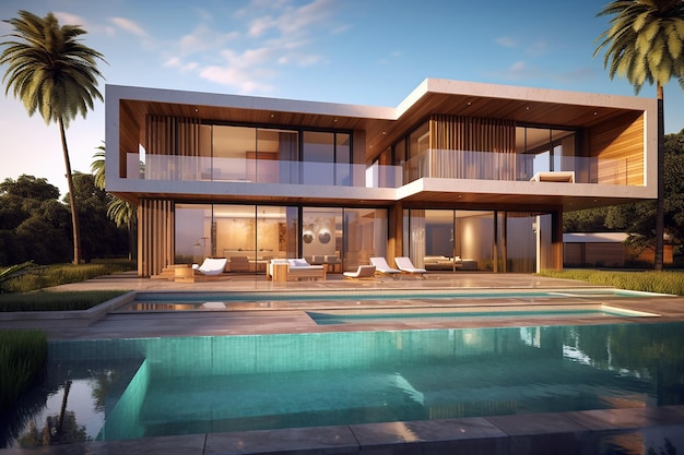 Rendering 3D di imponente villa con piscina