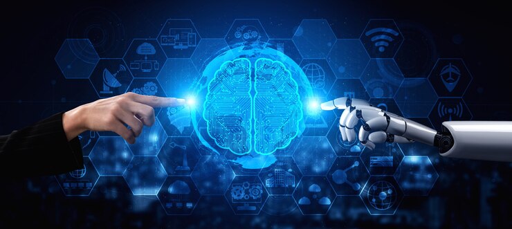 Foto rendering 3d di intelligenza artificiale ai ricerca di robot e sviluppo di cyborg per il futuro delle persone che vivono