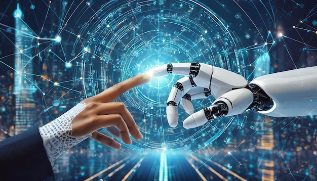 Rendering 3D di intelligenza artificiale AI ricerca di robot e sviluppo di cyborg per il futuro delle persone che vivono