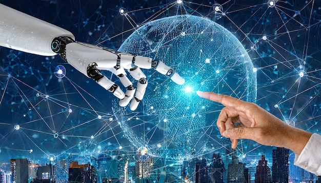 Rendering 3D di intelligenza artificiale AI ricerca di robot e sviluppo di cyborg per il futuro delle persone che vivono