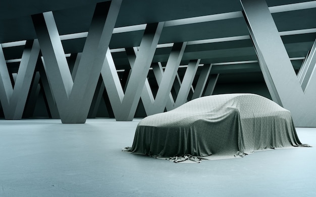 Rendering 3D di interior design astratto di una nuova auto coperta con un panno sul pavimento di cemento