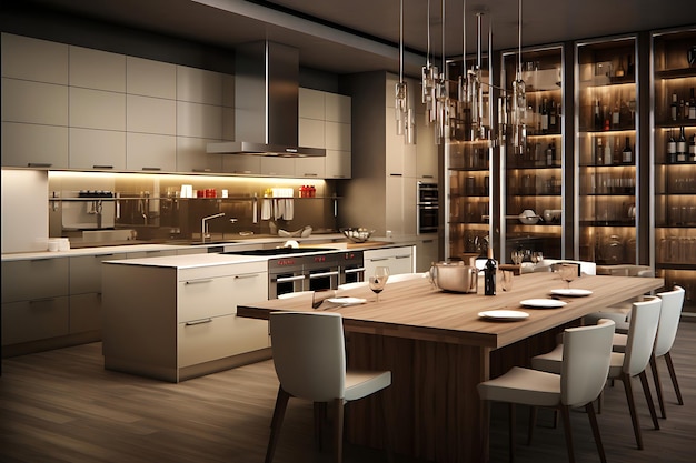 Rendering 3D di interior design della sala cucina gourmet