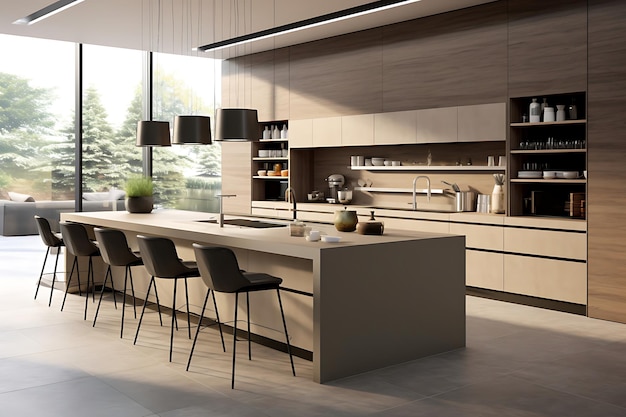 Rendering 3D di interior design della sala cucina moderna