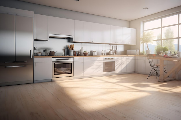 Rendering 3D di interior design della sala cucina moderna