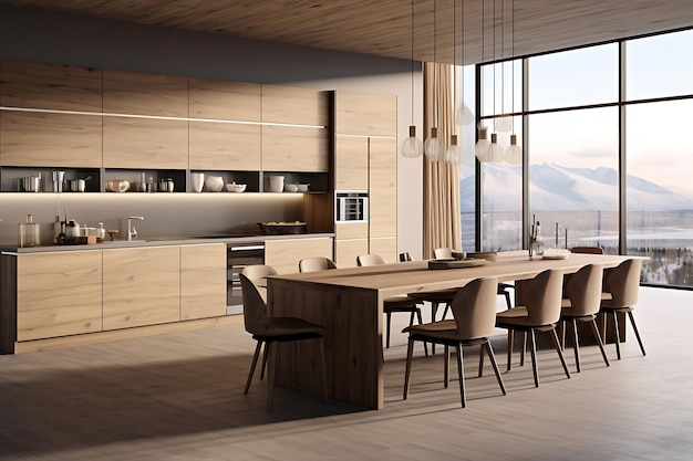 Rendering 3D di interior design della sala cucina moderna