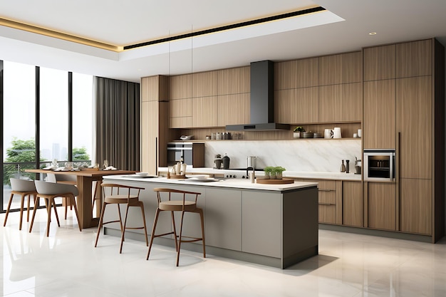 Rendering 3D di interior design della sala cucina moderna