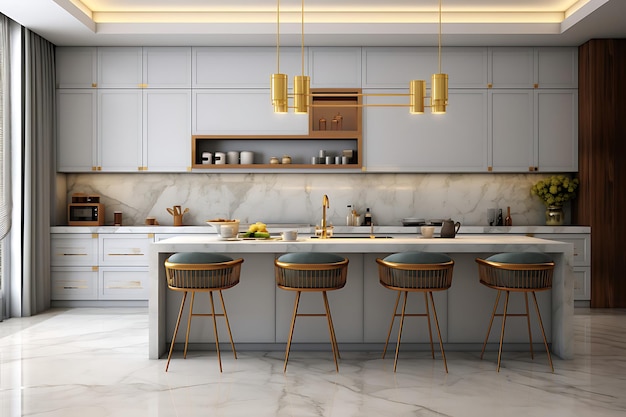 Rendering 3D di interior design della sala cucina moderna