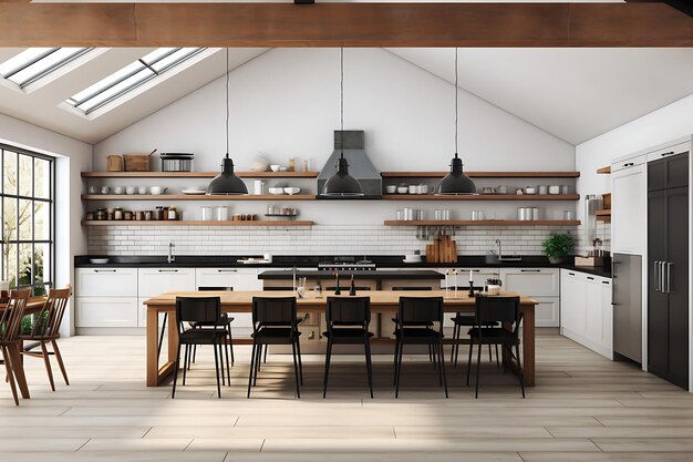 Rendering 3D di interior design della sala cucina moderna