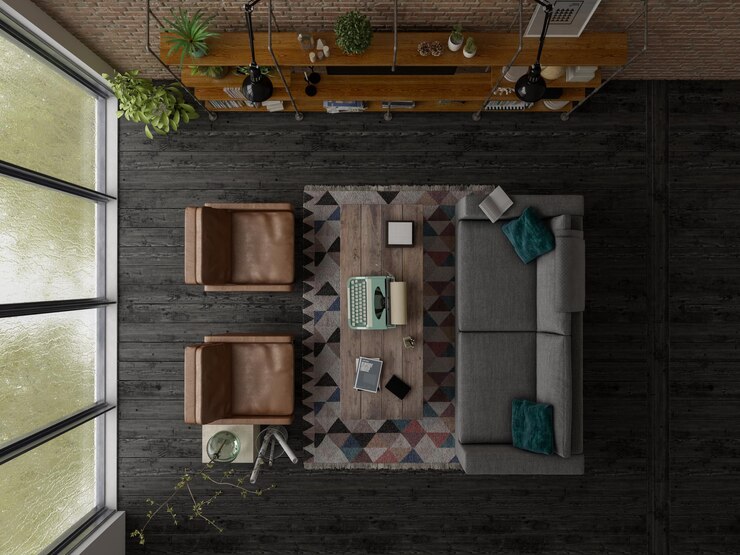 Rendering 3D di interior design in stile loft