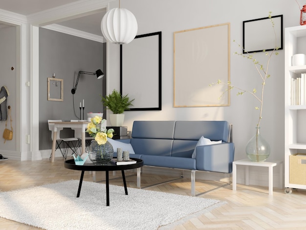 Rendering 3D di interior design in stile scandinavo