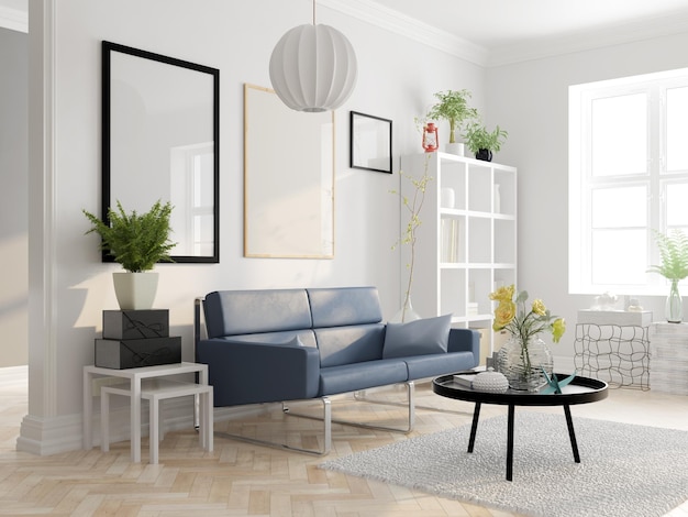 Rendering 3D di interior design in stile scandinavo