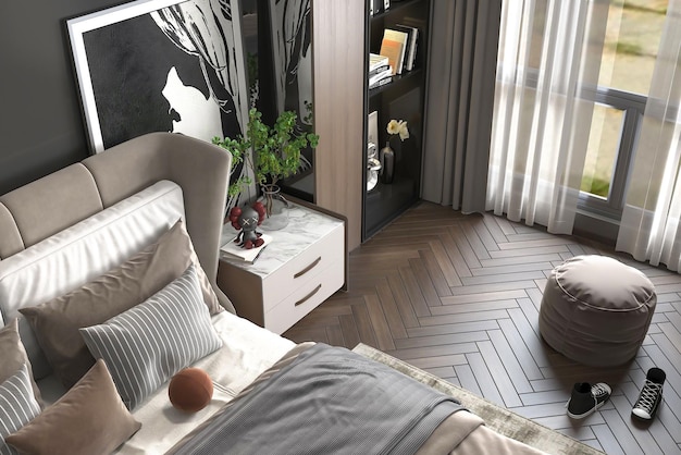 Rendering 3D di interior design moderno camera da letto di lusso