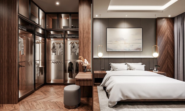 Rendering 3d di interior design moderno della camera da letto dell'hotel