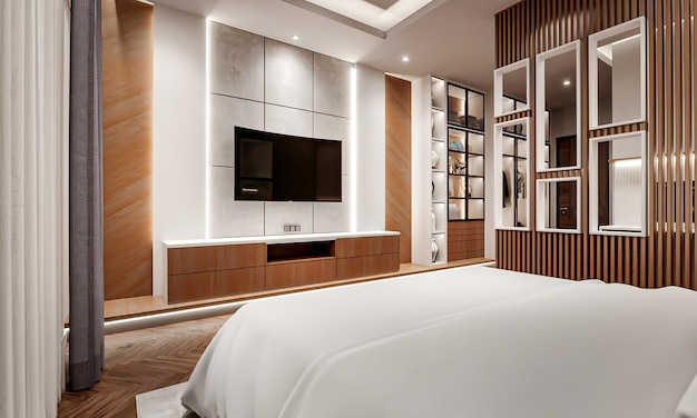 Rendering 3D di interior design moderno della camera da letto dell'hotel