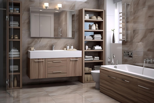 Rendering 3D di interior design per bagni piccoli