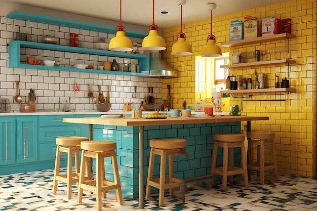 Rendering 3D di interior design per piccoli spazi cucina