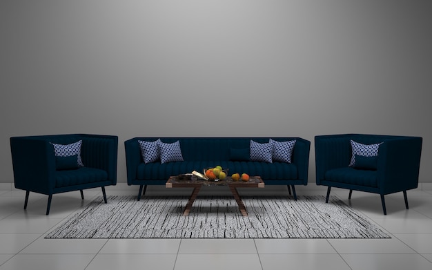 Rendering 3D di interni del salotto moderno con divano - Divano e tavolo