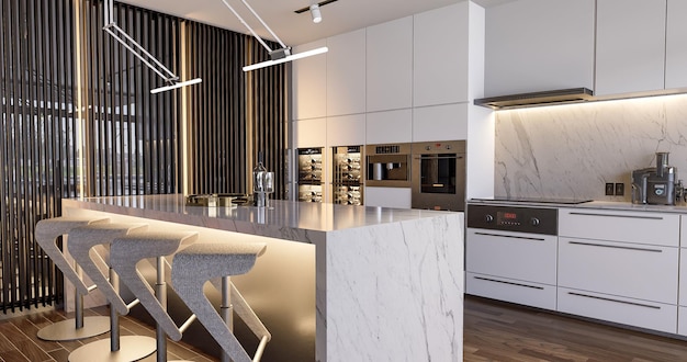 Rendering 3D di interni di lusso moderni per soggiorno, sala da pranzo e cucina