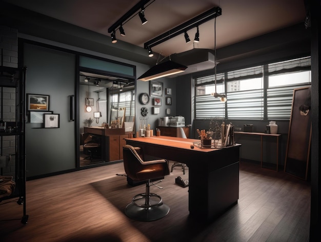 Rendering 3D di interni di ufficio moderni con scrivania e illuminazione