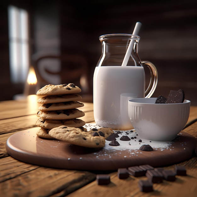 Rendering 3D di latte e biscotti