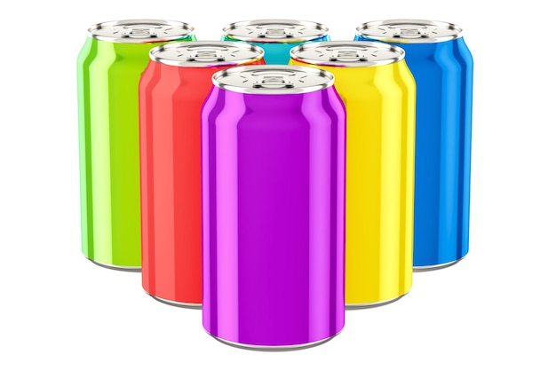 Rendering 3D di lattine metalliche di bevande colorate