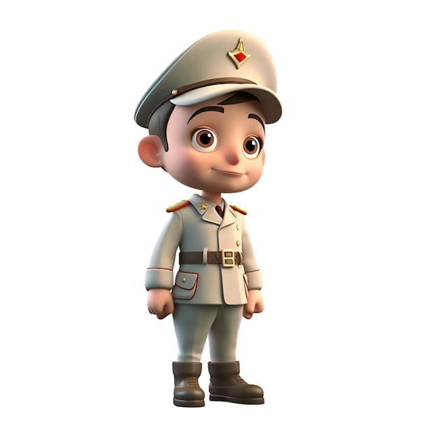 Rendering 3D di Little Boy con cappello dell'esercito e uniforme ufficiale