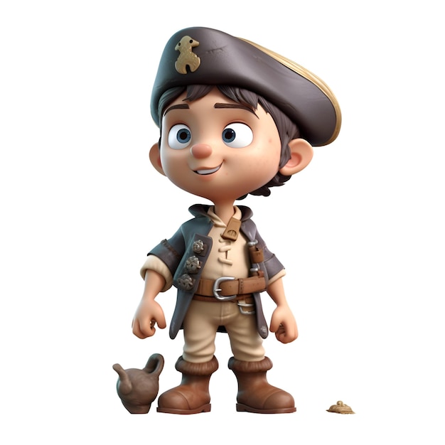 Rendering 3D di Little Boy con costume da pirata isolato su sfondo bianco