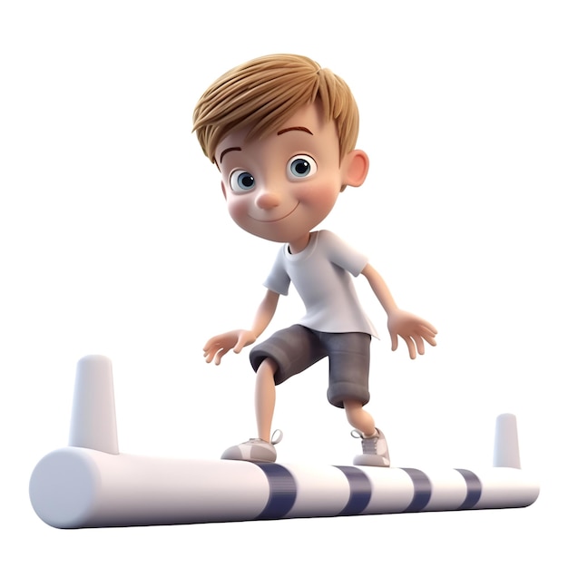 Rendering 3D di Little Boy in esecuzione su sfondo bianco con tracciato di ritaglio