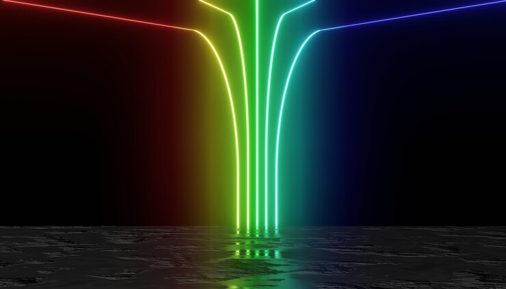 Rendering 3D di luce al neon RGB su sfondo scuro Le linee laser mostrano di notte