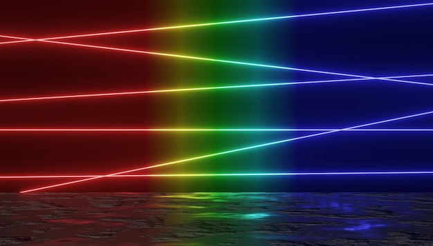 Rendering 3D di luce al neon RGB su sfondo scuro Le linee laser mostrano di notte