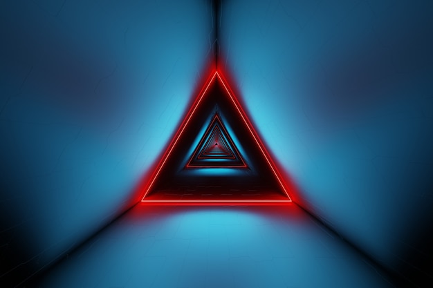 Rendering 3D di luci al neon d'ardore del tunnel spaziale del triangolo futuristico astratto