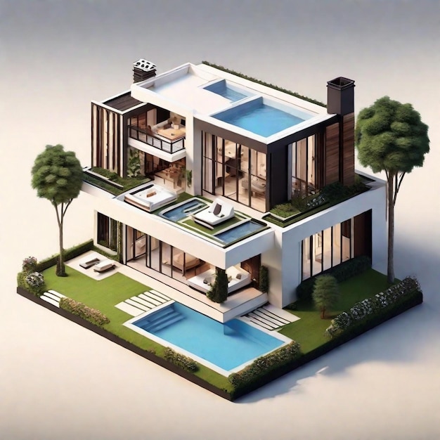 Rendering 3d di lusso della bella casa isometrica