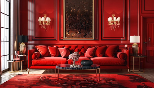 Rendering 3D di lusso in colore rosso soggiorno con divano