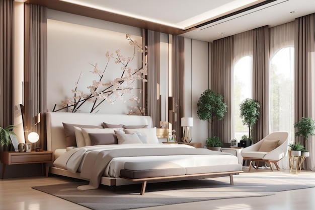 Rendering 3d di lusso moderno camera da letto principale dal design d'interni in stile contemporaneo