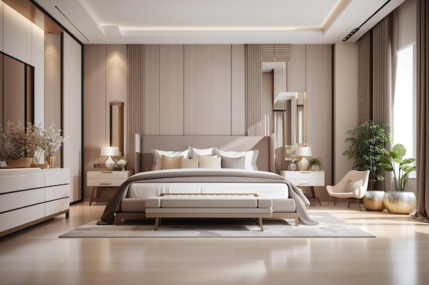 Rendering 3d di lusso moderno camera da letto principale dal design d'interni in stile contemporaneo