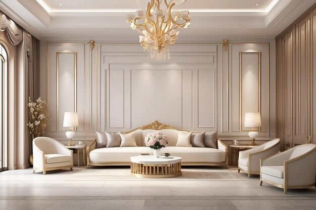 Rendering 3D di lusso parete classica nel soggiorno e nella hall dell'albergo