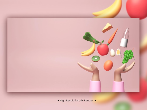 Rendering 3D di mani umane che proteggono alimenti biologici come mela, banana, uova, uva, arancia, kiwi