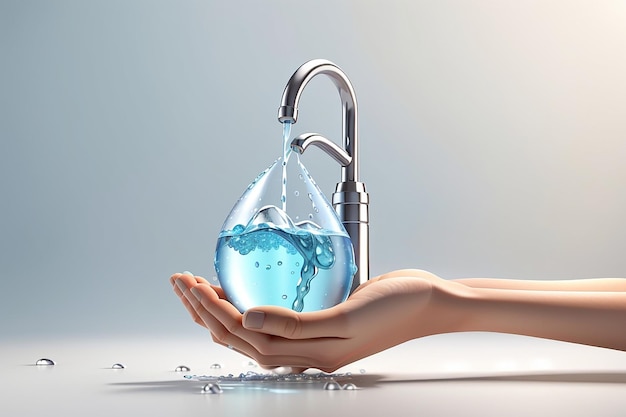 Rendering 3D di mano che tiene una goccia d'acqua dal rubinetto isolata su sfondo bianco concetto salvare il giorno dell'acqua a marzo 3D render illustrazione in stile cartone animato minimo